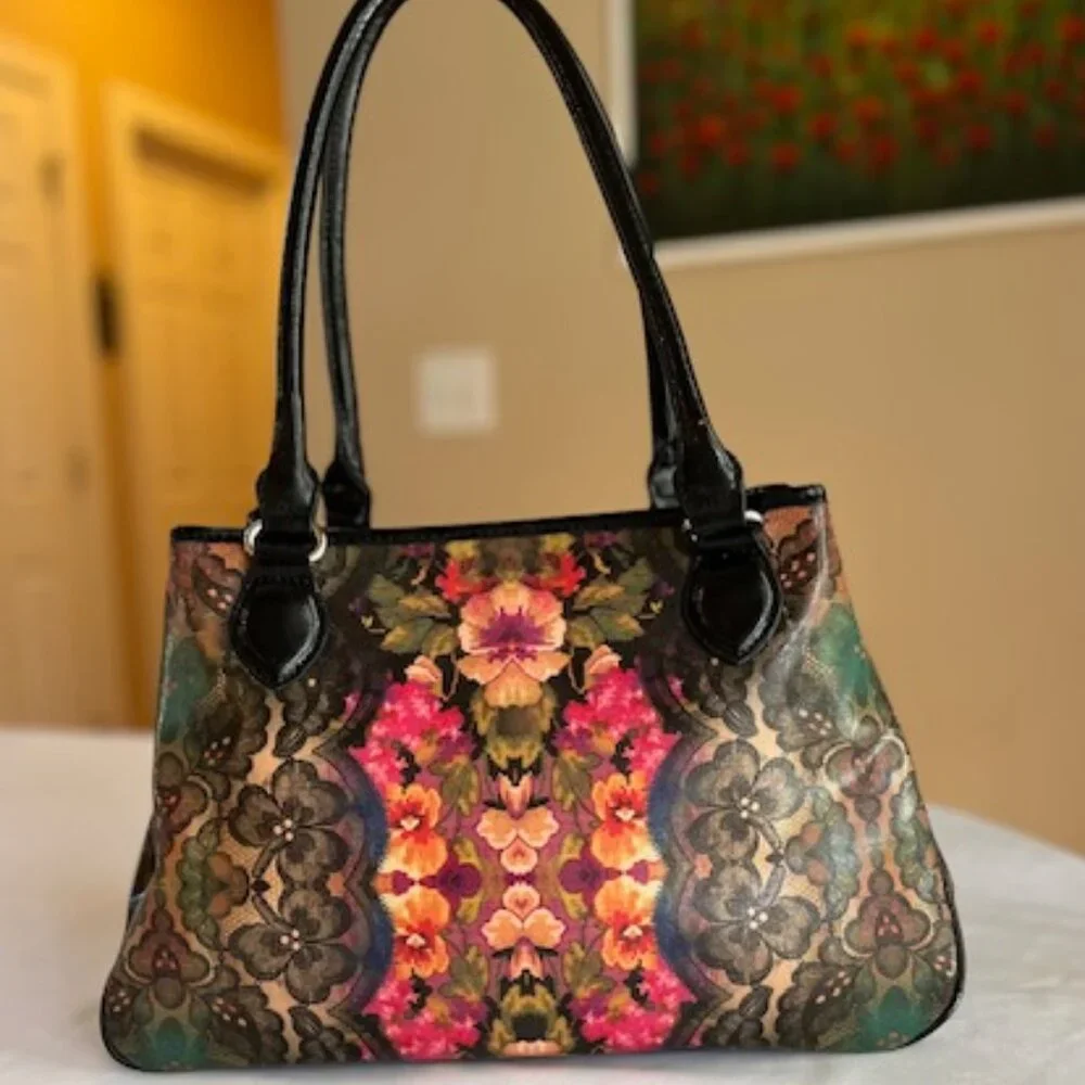 NINE WEST | Multi-color Floral with Black Trim and Bottom Lg Handbag Boho-EUC